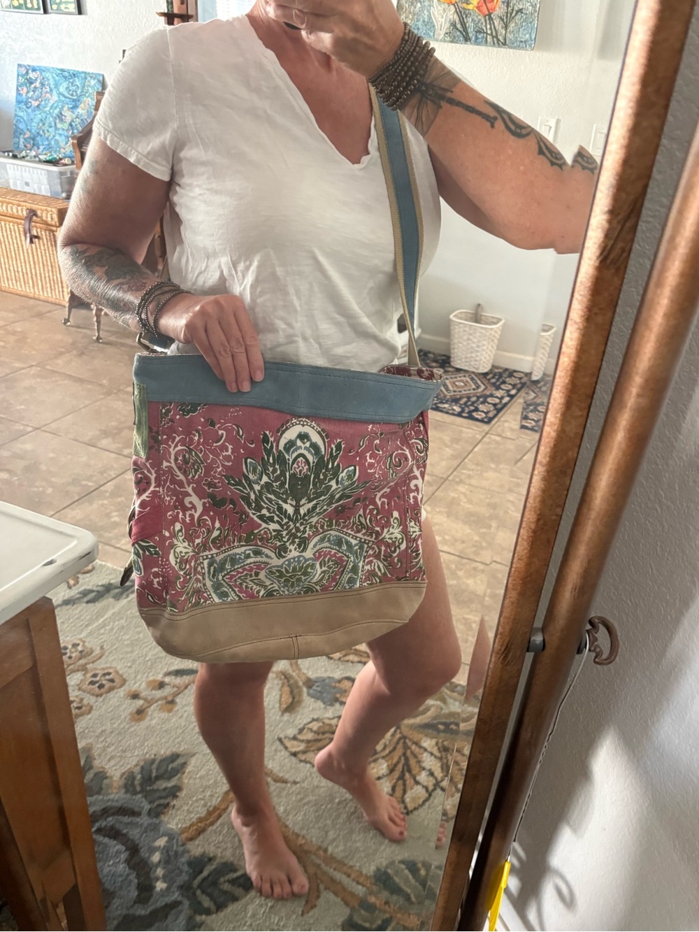Lucky Brand Pink and Green XL Canvas Leather Shoulder Bag with Tan Suede Trim - Picture 13 of 16